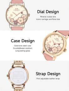 Coach Women's Pink Leather Strap Quartz Wrist Watch with Camellia Pattern Dial Watch Gold-tone Round Case Watch Elegant Dainty Ladies Watch - 粉色 - 查看 4