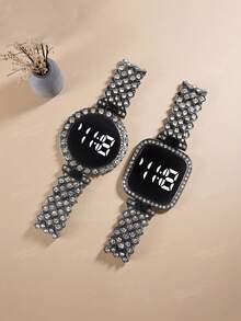 2pcs New Square Circular Set LED Temperament Electronic Watch For Girls And Students, Light Luxury Full Diamond Fashion Versatile Touch Digital Electronic Watch For Women, Gift Set - Black - View 7