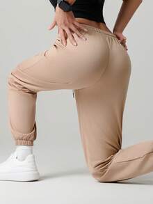 Women'S Outdoor Casual Running Pants - Elastic Waistband Pockets Sports Trousers, Lightweight All-Season Pants, Women'S Athletic Long Pants, Suitable For Gym, Machine Washable, Solid Color Design, Comfortable Fit, Y-Shape Style, Stretchy Waist, Ideal For Outdoor Hiking & Sports Enthusiasts Tights Spring - Brown - View 3