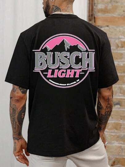 Busch Light Graphic Tee , Men's Double-Sided Printed Fashionable Casual Crew Neck 220gsm Pure Cotton T-Shirt(1 PC)