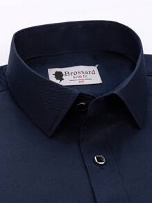 Camisa Social Masculina Listrada com Botões Quadrados - 55% Poliéster, 45% Algodão