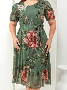 Women's Plus Size Evangelical Printed Tulle Midi Dress - 軍綠色 - 查看 3