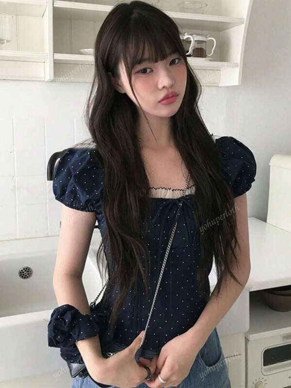 Cute Puff Sleeve Polka Dot Bowknot Blouse For Women, Lace Trim Patchwork Top
