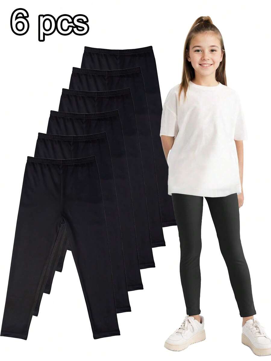 6 Pairs Girls Solid Color Soft & Breathable Leggings, Versatile For Summer