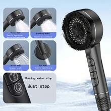 （3件套）家用增压四档可调ABS材质花洒头，1.5米不锈钢软管，以及带挂钩的免钻孔ABS花洒头支架，可悬挂沐浴海绵，浴室配件，浴室工具