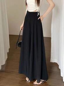 Pantalones de pierna ancha de mujer plisados de talle alto drapeados slim pantalones de traje casual - Negro - Ver 3