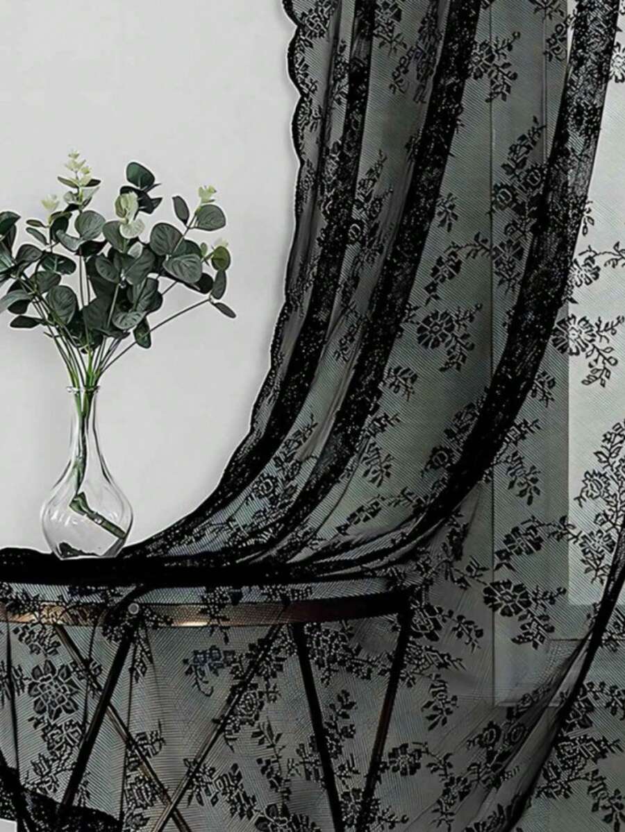 2 Panels Floral Lace Sheer Curtains Black For Living Room Elegant Floral Rose Knitted Embroidery Curtains Light Weight Rod Pocket Tulle Voile Window Treatment Sets - 黑色 - 查看 1
