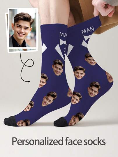 1 Pair Of Customized Face Men's Mid Tube Socks, Put Any Face On Socks, Personalized Socks For With Photos, Interesting Customized Picture Pairs With Medium To Long Socks, Suitable For Valentine's Day, Birthdays, Gift Giving, And Other Occasions,Personalized