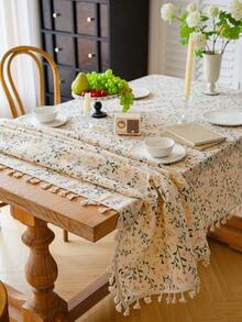 1pc Floral Printed Tablecloth, Rectangular Tablecloth With Tassels, Farmhouse Style, Suitable For Home, Kitchen, Dining Room, Camping, Parties, Outdoor Use, Spring/Summer Decor - Multicolor - View 1