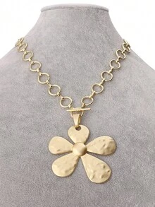 1 件时尚哑光金色/银色大号锤纹花朵吊坠粗链个性项链适合女性日常佩戴 18 英寸 + 2 英寸延长链