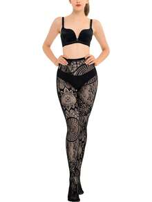 CLAGAINER 6pcs/3pcs/1pc 2024 New Fashion Girls' Fishing Net Stockings, Sexy Tattoo Lace Stockings, Jacquard Lace Cutout Pantyhose - Black - View 5