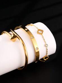 3pcs Stainless Steel Nail & Four-Leaf Clover Bracelet Set, Suitable For Women's Daily Wear, Christmas Gift, Holiday Gifts - SGS225 - View 19