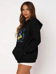 LOVE JOYY 闪亮水钻图案，邦迪海滩椰子树和冲浪图案纯色套头连帽衫宽松落肩带口袋，热门水钻工艺休闲夏季连帽运动衫时尚服装日常休闲装 - 黑色 - 查看 3