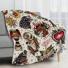 Ink Tattoo Blanket, Wolf Head Sun Moon Sword Bird Painting, Red Yellow Blue And Green Art Display, Standing In Front Of Black Sofa, Unique Cultural Style Home Decoration. Casual Shawl, Traveling-Rug, Polyester Material-Suitable For All Seasons, Bedroom, Sofa, Bed, Car. , Suitable For Bed, Sofa, Camping And Travel, Durable And Comfortable Decorative Shawl And Blanket, For Dear Friends, Siblings, Parents, Objects, Suitable For Halloween And Christmas Decorations, Home Decorations, Birthday And Anniversary Gifts For Friends And Relatives
