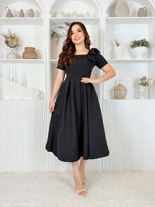 LivanModas Elegant Women's Viscose Dress With Sleeves And Bow Detail – Sophisticated Fashion - 黑色 - 查看 1