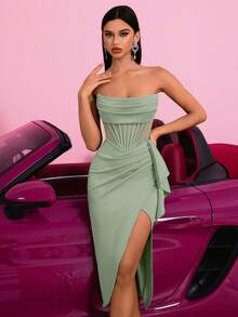 ADYCE Elegant Strapless Hollow Lotus Leaf Ribbon With Front Slit Backless Midi Party Dress For Prom Birthday Party Evening Date Homecoming Party Wedding Guest Cocktail Reception Family Festival, Valentine's Day - Light Green - View 3