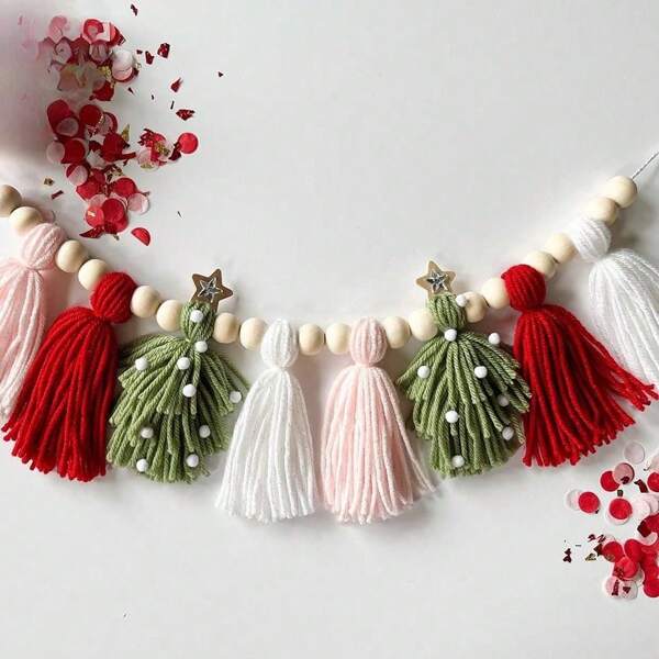 Handmade Christmas Tree Knitted Nordic Style Green & Red Pom Pom Tassel Woven Bohemian Hanging Ornament, Wall Decor Christmas Decoration Home Decor Christmas Decorations Room Decor