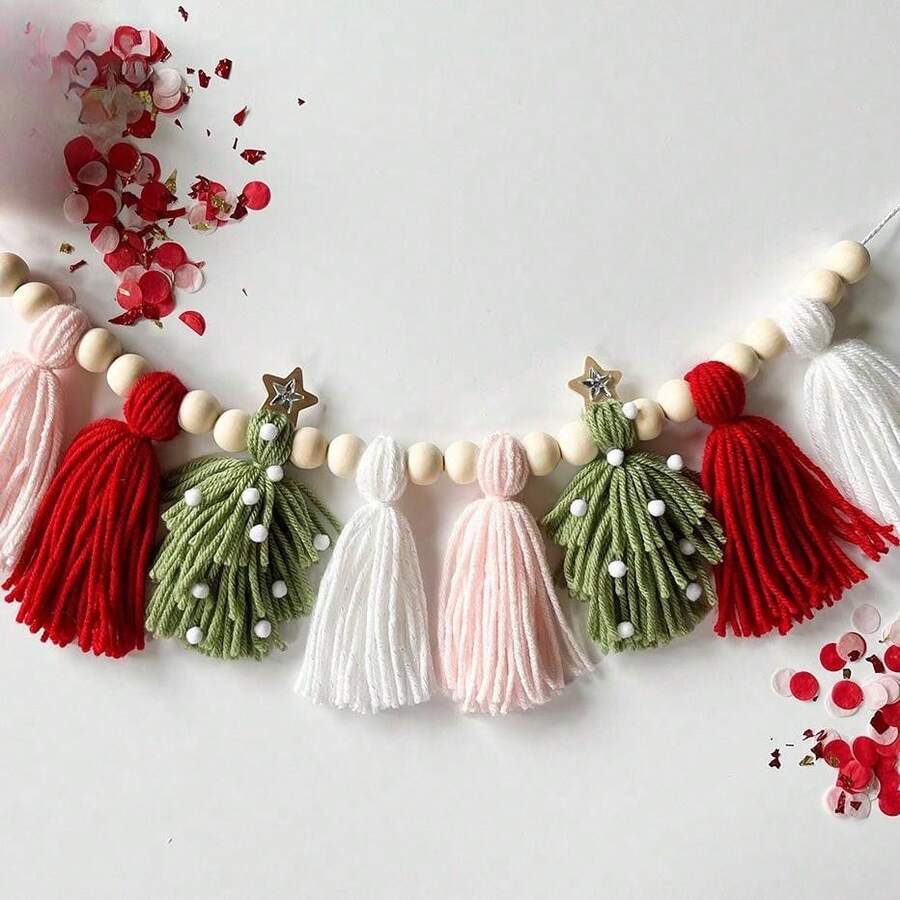 Handmade Christmas Tree Knitted Nordic Style Green & Red Pom Pom Tassel Woven Bohemian Hanging Ornament, Wall Decor Christmas Decoration Home Decor Christmas Decorations Room Decor