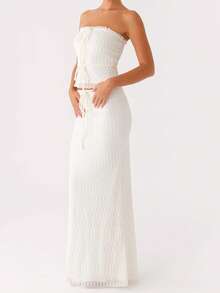 Women Summer Outfits Solid Colors Crop Drawstring Bandeau And Elastic Long Skirt Set For Streetwear Aesthetic Clothes - White - View 2