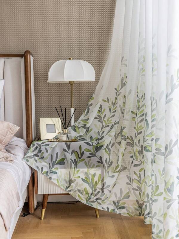 1 pièce Rideau transparent à imprimé feuille, en fibre de polyester, style Mori, convient pour le salon et la chambre à coucher