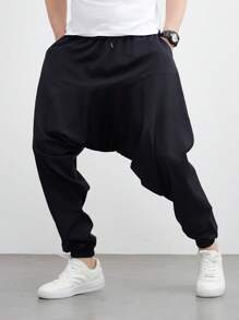 1pc Men's Black Loose Harem Pants, Suitable For Summer Beach, Elastic Waist With Drawstring, Casual Low Crotch, Yoga Pants - Black - View 5