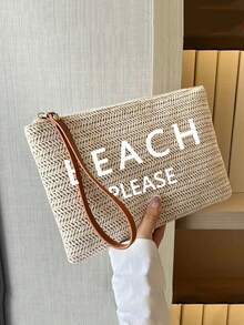 1PC Letter Print Straw Woven Casual Clutch Bag, Braided Single Small Wallet, Vintage Straw Woven Handbags, Boho Style Summer Beach Bag, Minimalist Straw Bag, Women's Braided Tote Bag For Travel Picnic, Perfect For Summer Beach Travel Vacation, For Outdoor, Holiday, Women's Zipper Handbags For College, Middle School, High School, Back To School, Travel, Outdoors For Teen Girls, For School Student, For Teenagers Vintage Soft - Khaki - View 2