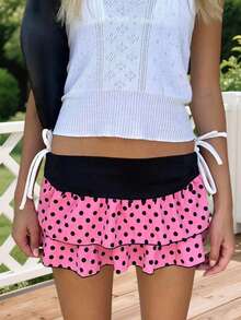 Layered Ruffle Mini Skirt For Women Summer Dots/Stripe/Heart Print/Solid Color High Waist Short Skirts - 西瓜粉 - 查看 3