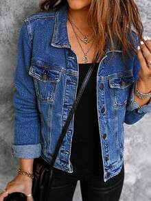 Women's Blue Button Front Pocket Detail Denim Jacket Casual Street Spring - Blue - View 1