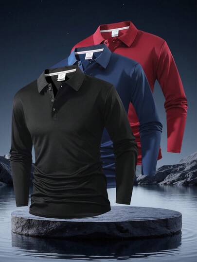 3PCS-Men's Fashion Outdoor Casual Performance Polo Shirt - Long Sleeve Quick-Dry Activewear Top For Sports & Travel