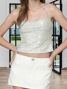 Women's Sparkle Cami Tops Sleeveless Spaghetti Strap Square Neck Sequin Camisole Party Rave Tops - White - View 1