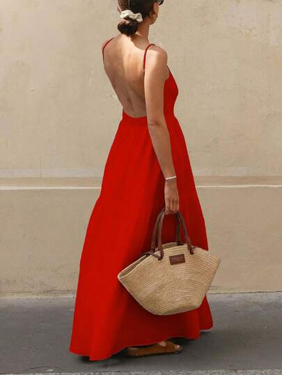 Vestido bohemio de mujer con tirantes finos y transparentes, sin mangas, de unicolor, con espalda abierta y volantes en el bajo, perfecto para vacaciones en resort y salidas casuales