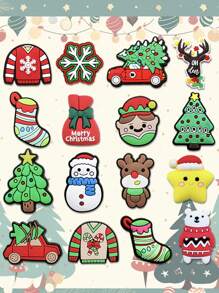 16 件圣诞系列，圣诞主题鞋靴装饰配件，PVC 装饰衣架，可拆卸塑料 DIY 零件，涵盖经典圣诞元素，如圣诞树、雪人、驯鹿、圣诞袜、圣诞毛衣等节日圣诞老人和雪人图案 - 綠色 - 查看 2