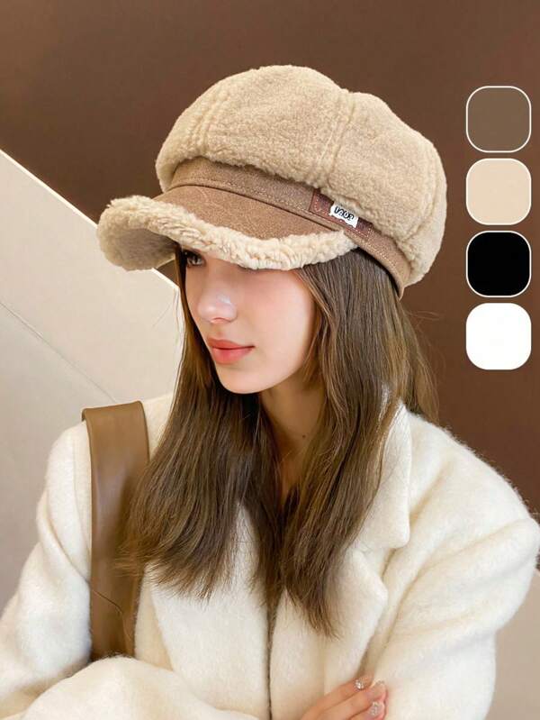 1 pièce Casquette de type newsboy de couleur unie pour femme, chapeau octogonal doublé de polaire, casquette de baseball d'automne/hiver unisexe pour un port casual et des sorties quotidiennes
