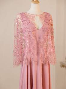 Glamorous Heavily Embroidered Floral V-Neck Sleeveless Dress With Shawl - Pink - View 4