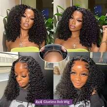 Wear And Go Glueless Wigs Human Hair Pre Plucked Pre Cut 4x4 Lace Front Wigs For Women Glueless Water Wave 200 Density Deep Curly Bob  Human Hair Lace Wigs For Beginners(16 Inch) - Natural Black - Xem 10