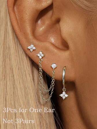 3 Pcs CZ Flower Stud Set Earring For Women Girl Silver Chains Pendant Dangles Drop Hoop Stud Earring Stacks Romantic CZ Piercing Jewelry For Daily Ware Party