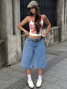 女士刺绣蝴蝶结后袋宽松七分牛仔裤 - 中等水洗藍 - 查看 6