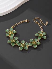 1pc Vacation Style Fresh & Energetic Retro Vibe Dopamine Inspired Green 5-Petal Flower Anklet, Suitable For Vacation, Travel, Date, Daily Wear, Elegant Women Jewelry - Green - View 2