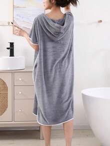1pc Women Sleeveless Coral Fleece Hooded Bath Robe, Thick Absorbent Quick Dry Bathrobe Cloak For Home Use - Grey - View 2