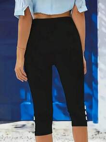 2pcs Women's Solid Color Capri Pants With Button Details - Medium Elasticity, Machine Washable, All-Season Casual Wear For Adults, Comfortable Leisurewear | Sleek Capri Pants | Stretchable Fabric, Capri Leggings - 黑色+白色 - 查看 6