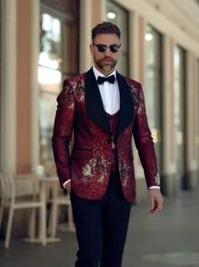 Men's  Gradient Graffiti 3-Piece Suit Set - Blazer, Vest & Stretch Waist Black Pants Edgy & Stylish - Red and Black - View 2