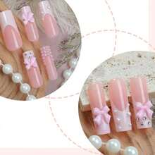 Pink Press On Nails Artificail Long, French Square Nails Pearl, Nails Acrylic Women Reusable Nail Kit Adhesive Tabs Nail File 24pcs - Hồng - Xem 3