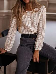 ii Women's Hollow Out Crew Neck Long Sleeve Pullover Top - Apricot - View 1