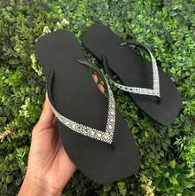 Hav Women's Flip Flops With Shiny Rhinestones On The Strap - Elegance And Comfort For Summer - 黑色 - 查看 1