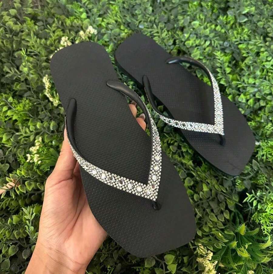 Hav Women's Flip Flops With Shiny Rhinestones On The Strap - Elegance And Comfort For Summer - 黑色 - 查看 1