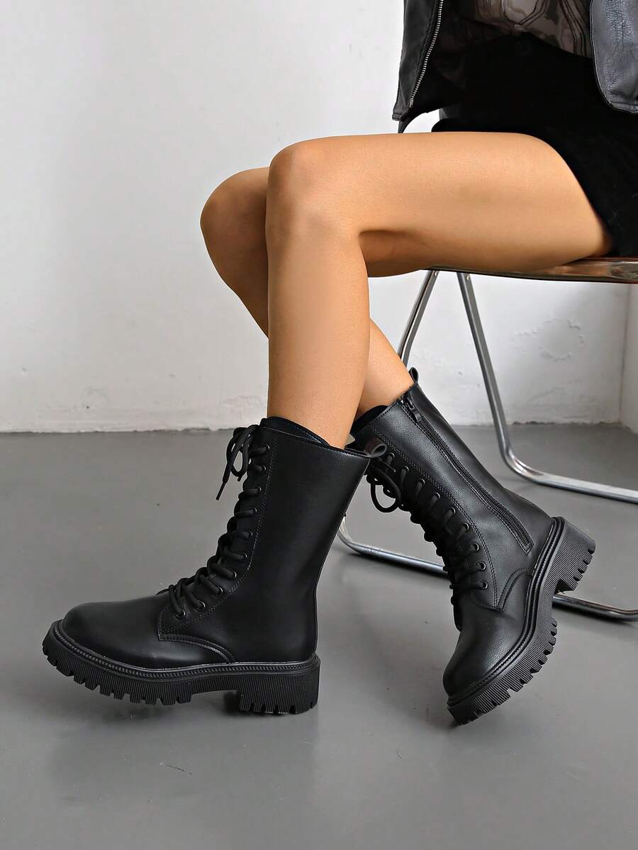 Giày bốt Punk mũi tròn buộc dây cao đến giữa bắp chân thời trang đa năng thoải mái cho nữ - màu đen - Xem 1