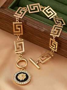 1pc Retro Zinc Alloy Geometric Pattern Rhinestone Inlaid Lion Head Pendant, Suitable For Women Anklet, Bracelet, Necklace, Earrings, Casual Beach Holiday Wear - Yellow Gold - View 3