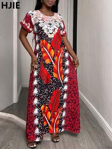 Váy Maxi Cổ Tròn Cho Nữ Với Họa Tiết Hoa Và Lông Vũ Phong Cách Châu Phi, Đường Viền Cổ Áo Có Họa Tiết Ren Tinh Tế, Và Màu Sắc Bắt Mắt, Trang Phục Tốt Nghiệp - Đỏ - Xem 3