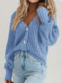 Women's Fall Chunky Knit Open Front Sweater Long Sleeve Button Loose Short Cardigan Outerwear Coats - Màu xanh nhạt - Xem 4