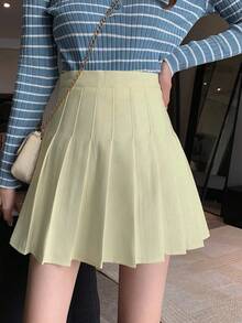 Summer Casual Solid Color Pleated Mini Skirt - Apricot - View 5